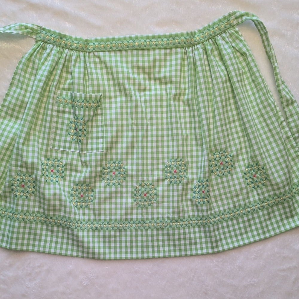 Vintage green gingham half apron with charming embroidery